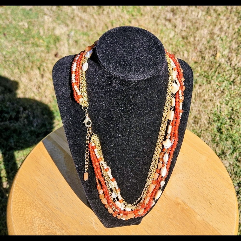Vintage Carnelian Mother Of Pearl and Gold Chain Multi-Strand 20"+2" Necklace